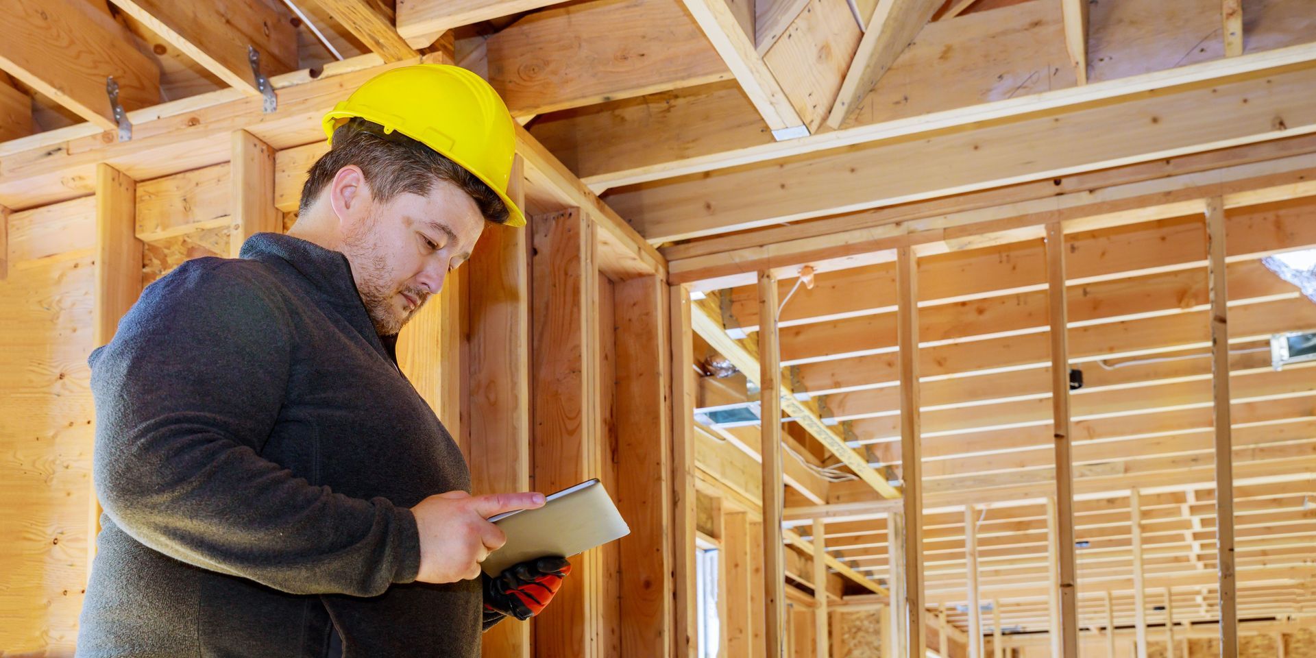 A man in a hard hat is looking at a tablet in a house under construction.