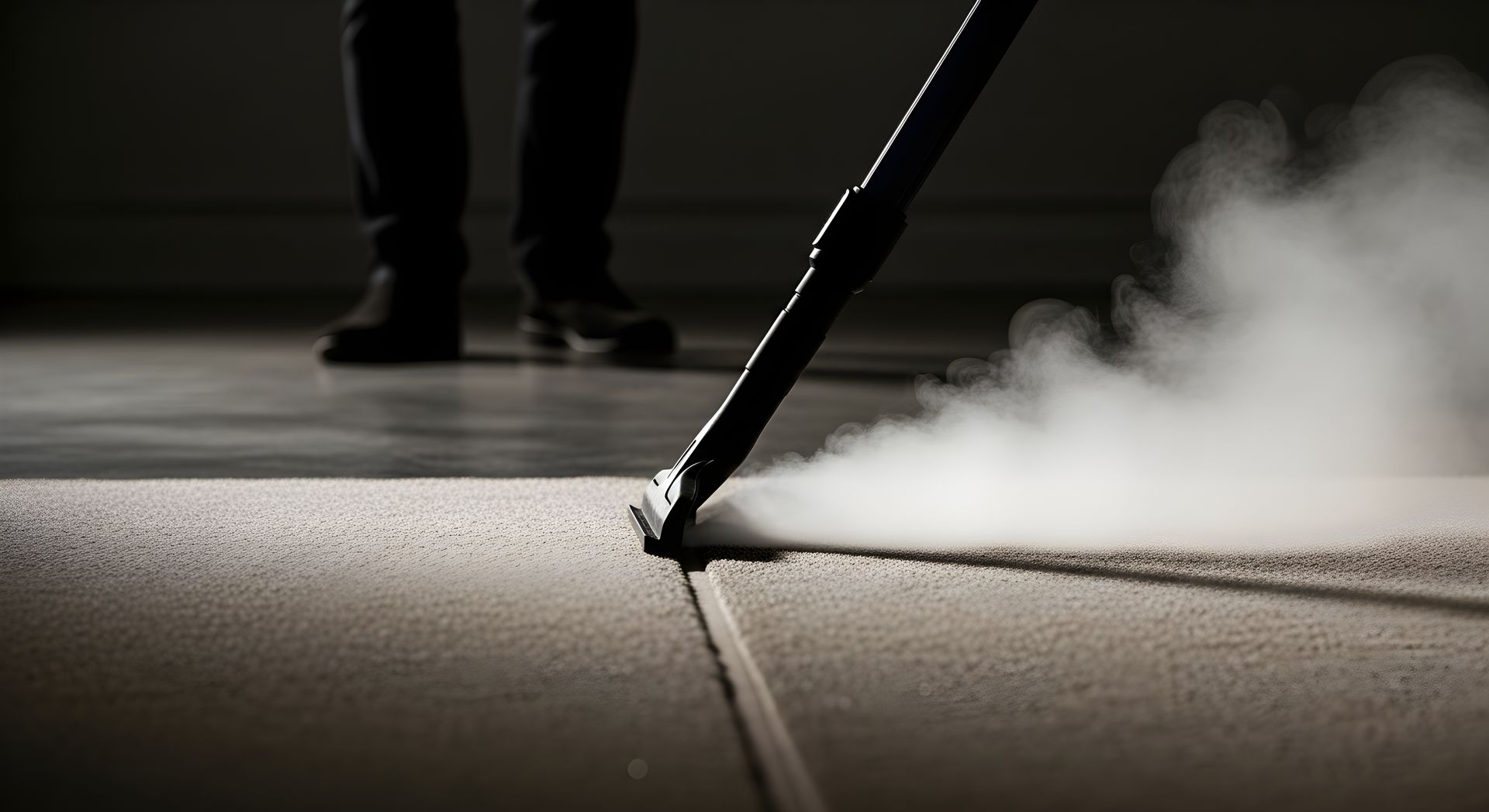 A person using a steam cleaner on a tile floor, with steam visible as it cleans the surface.