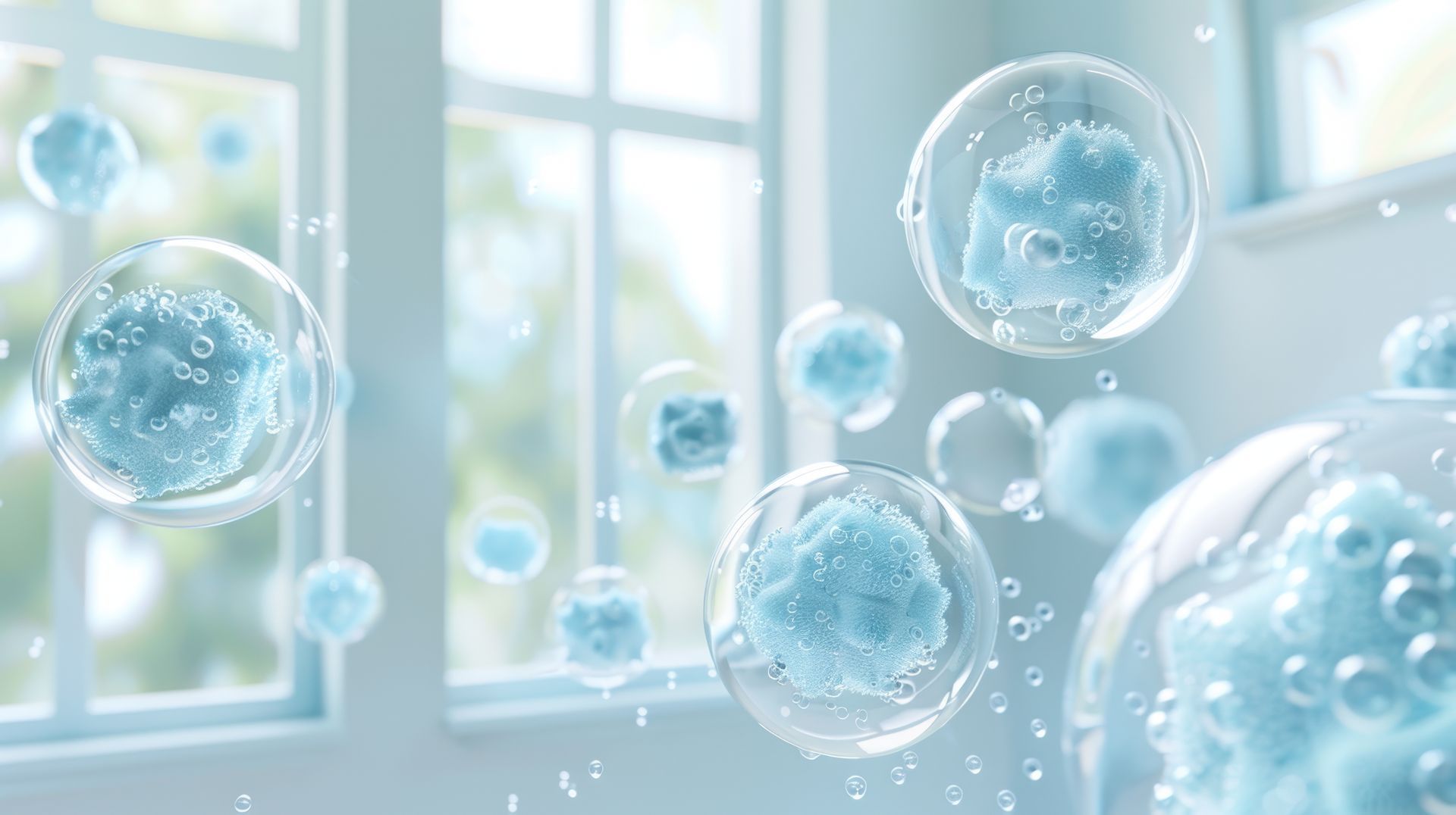 Floating blue, cloud-like spheres inside transparent bubbles against a bright, softly blurred window background.