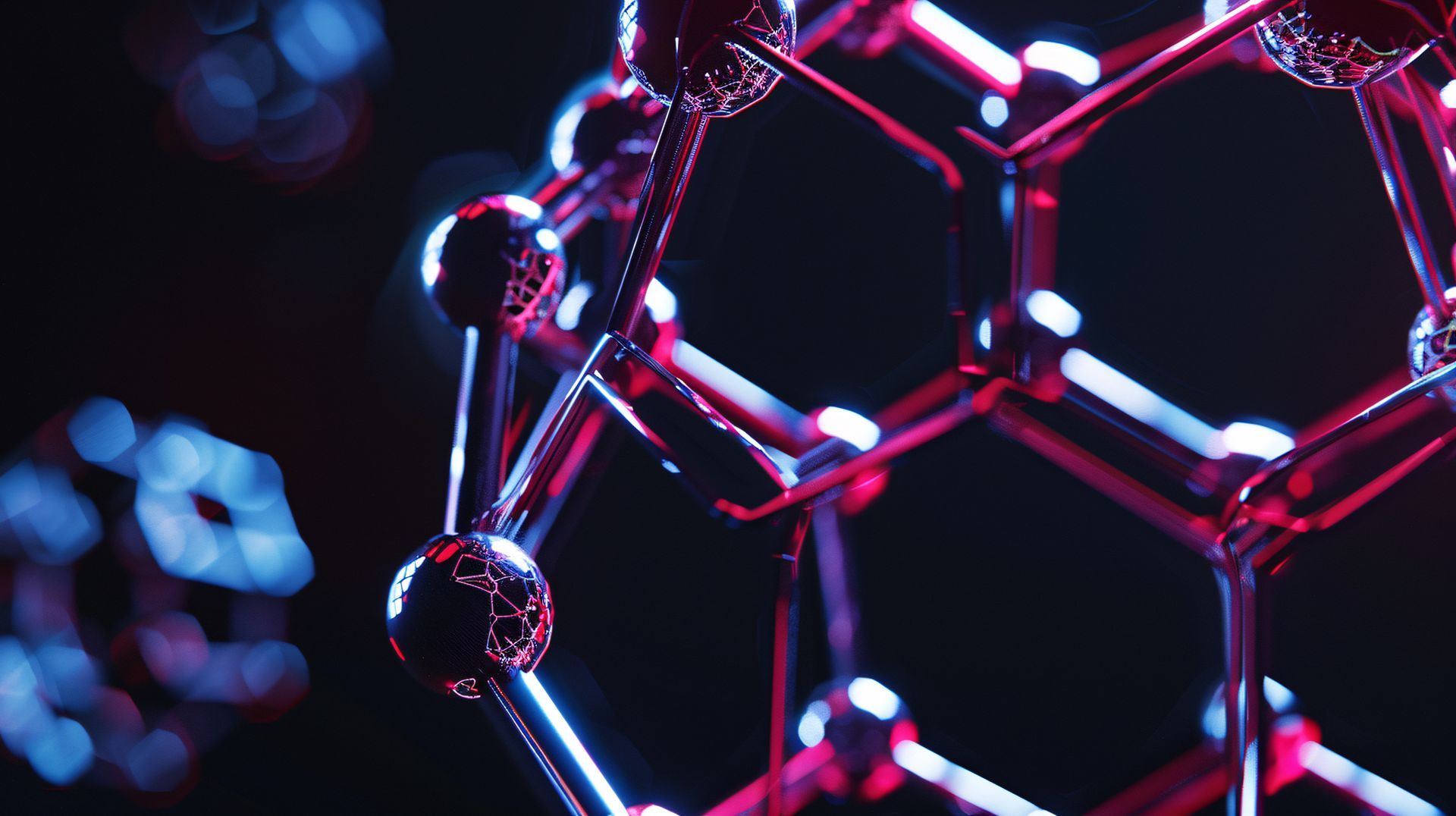 A 3D molecular structure with glowing red and blue highlights against a dark, blurry background.