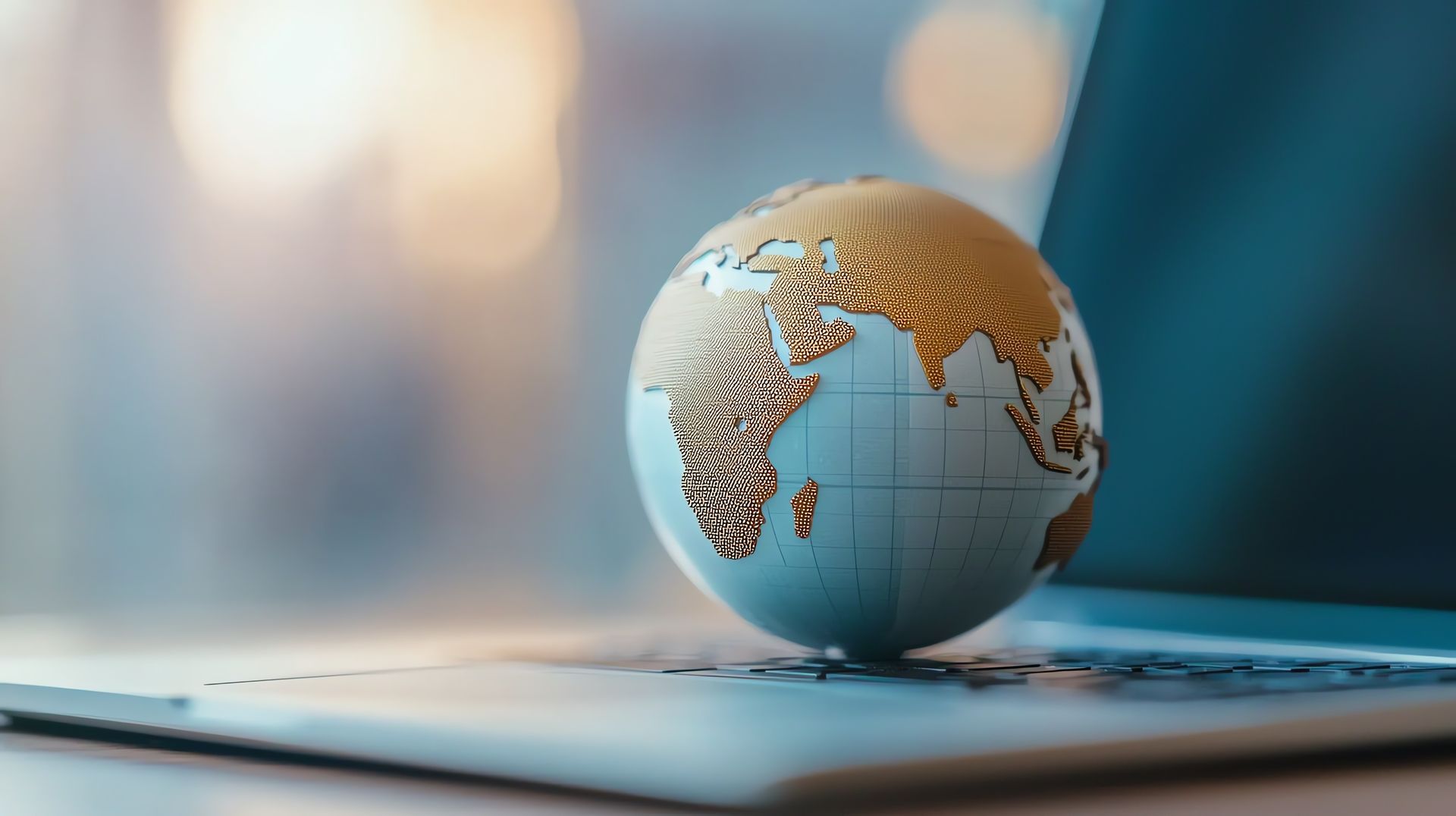 A small globe with textured gold continents resting on the keyboard of a laptop in a softly blurred, neutral setting.
