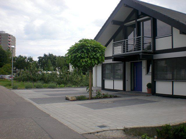 Ein weißes Haus mit einer blauen Tür und einem Baum davor