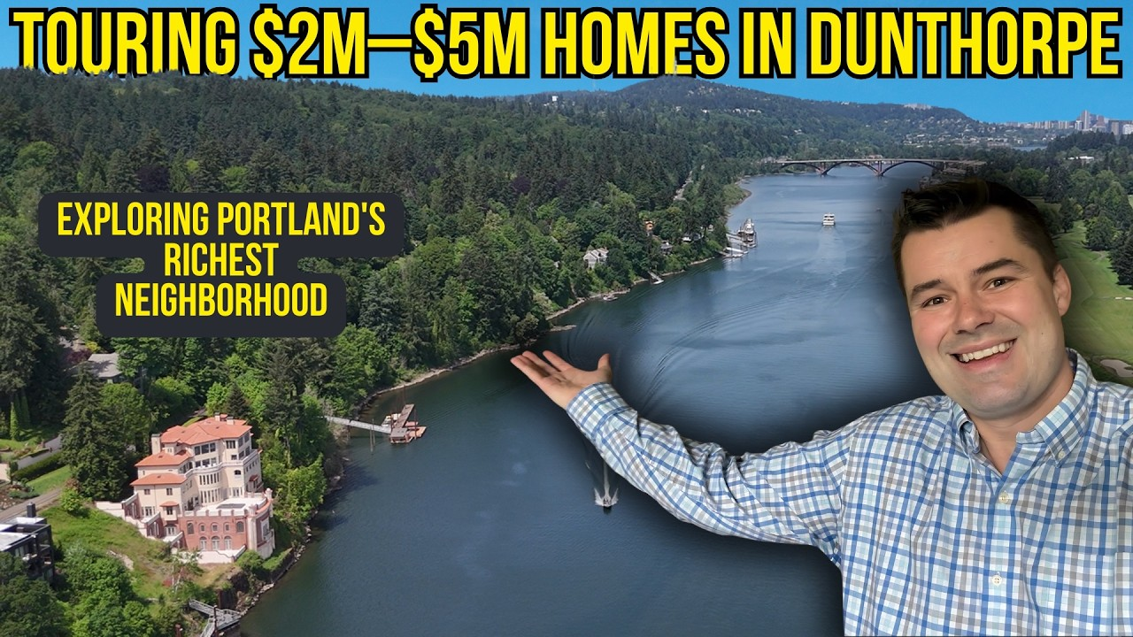 Touring $2M–$5M homes in Dunthorpe, with a river aerial and man pointing at the neighborhood