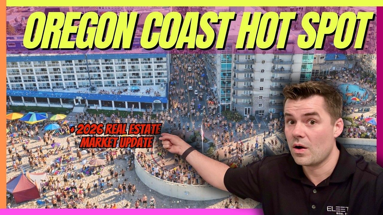 “OREGON COAST HOT SPOT” text over a crowded beach scene with a man pointing at the crowd.