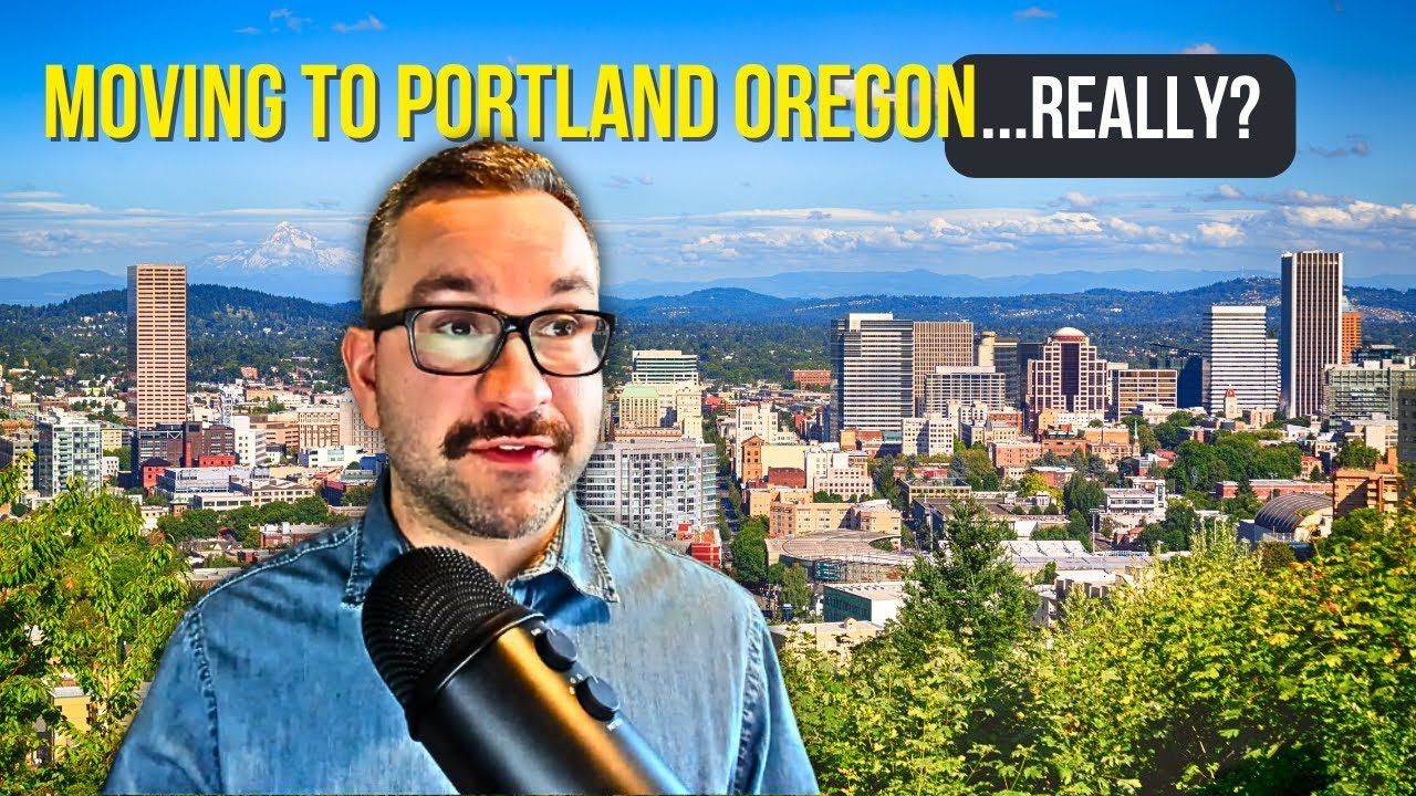 Man with glasses and microphone over Portland skyline, with text “MOVING TO PORTLAND OREGON...REALLY?”