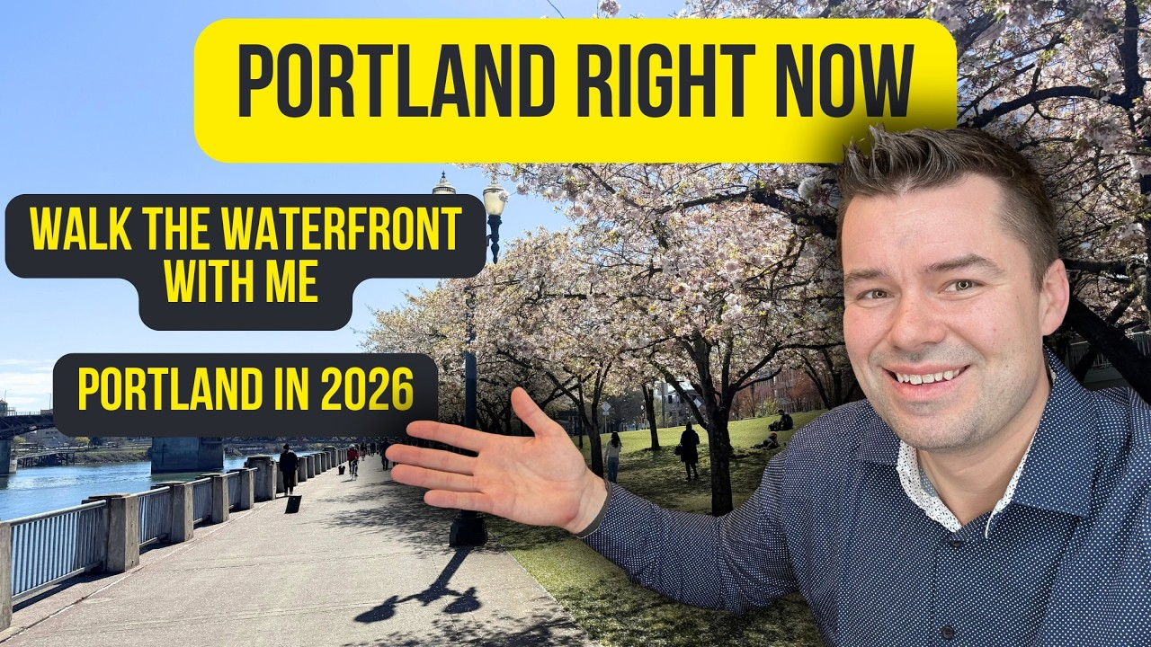 Man gesturing beside waterfront path with cherry blossoms; text reads “Portland Right Now” and “Portland in 2026”