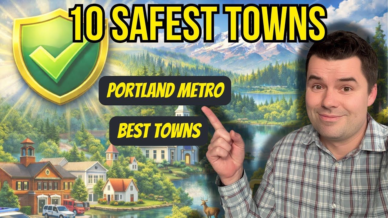YouTube thumbnail reading “10 Safest Towns” and “Portland Metro Best Towns,” with a man pointing at the text.