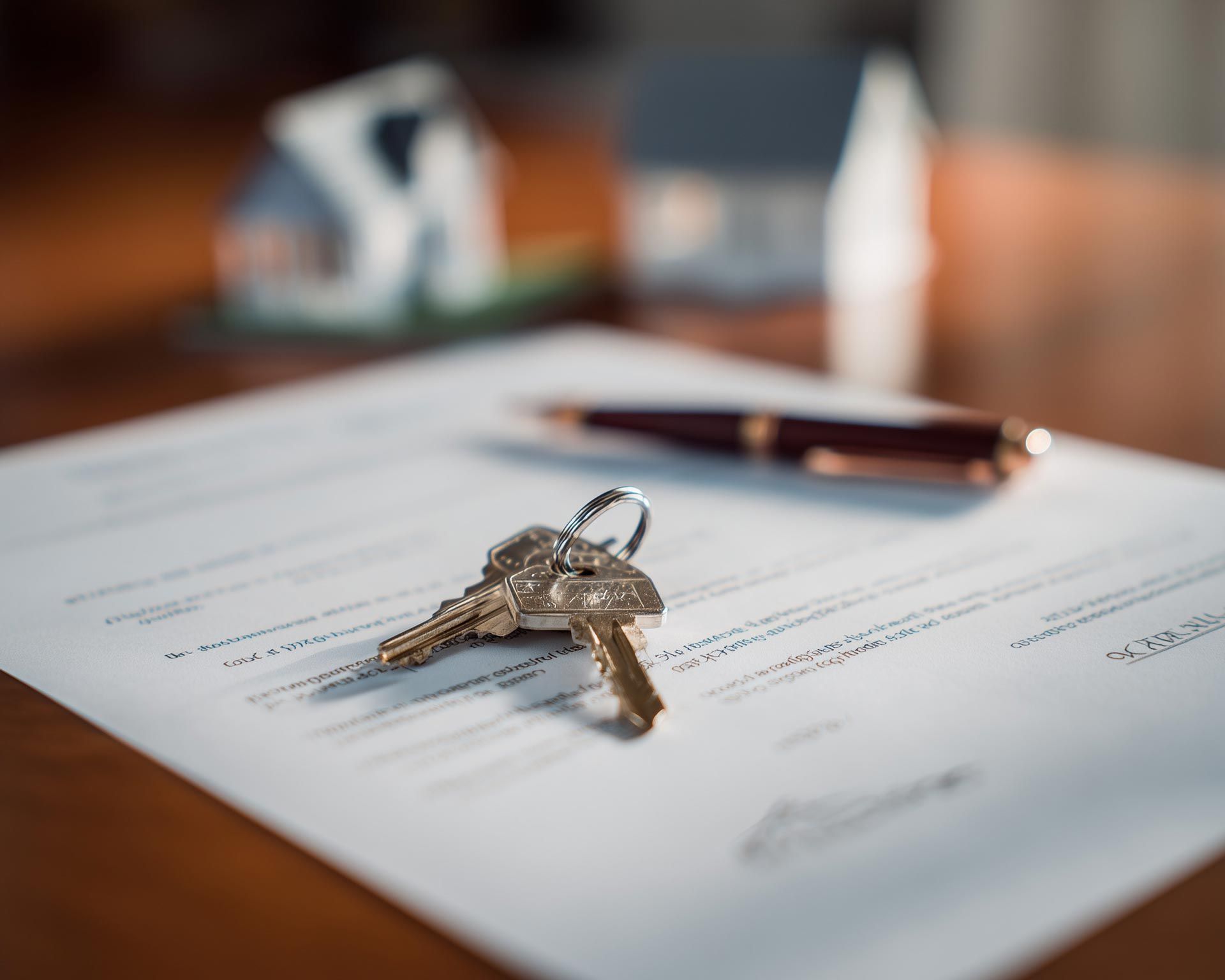 Keys resting on a real estate contract with miniature houses and a pen in the background.