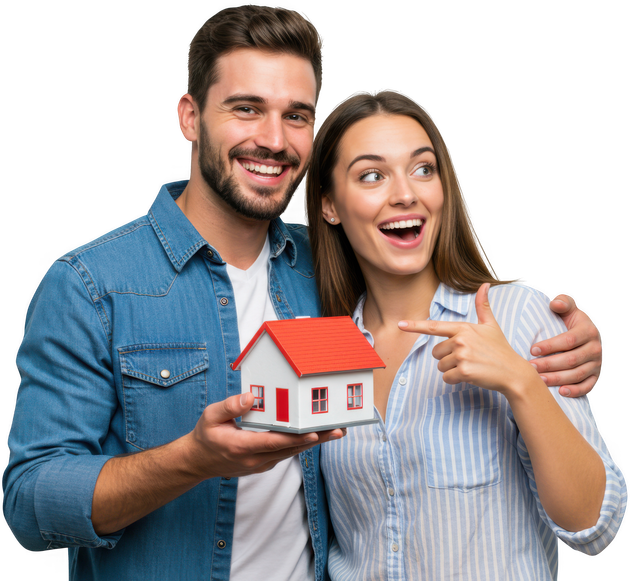 Couple holding a model house, smiling and excited. Woman points, man's arm around her.