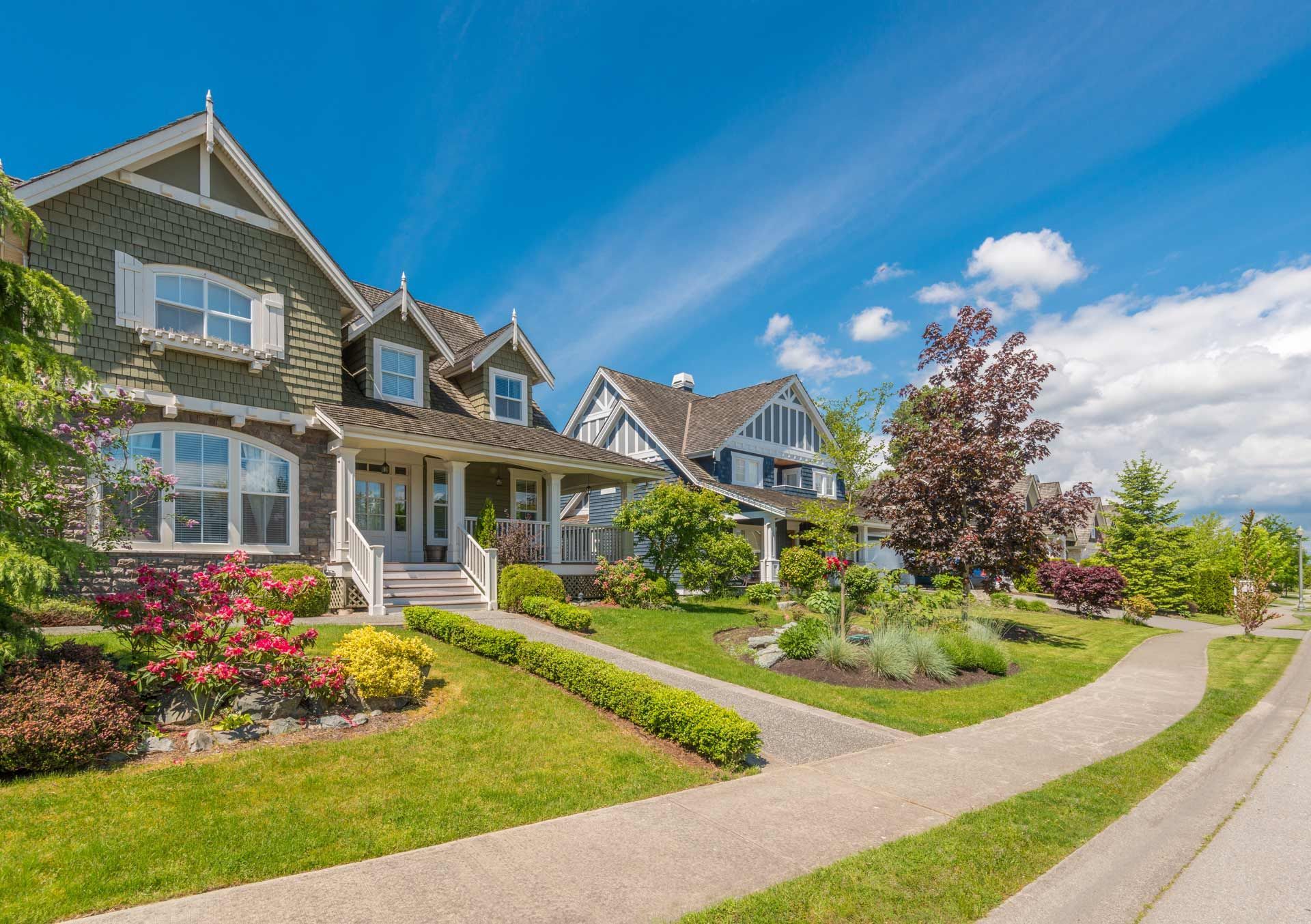 Houses along a sunny street with green lawns, colorful flowers, and a bright blue sky.