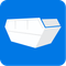 White dumpster icon on a blue square background.