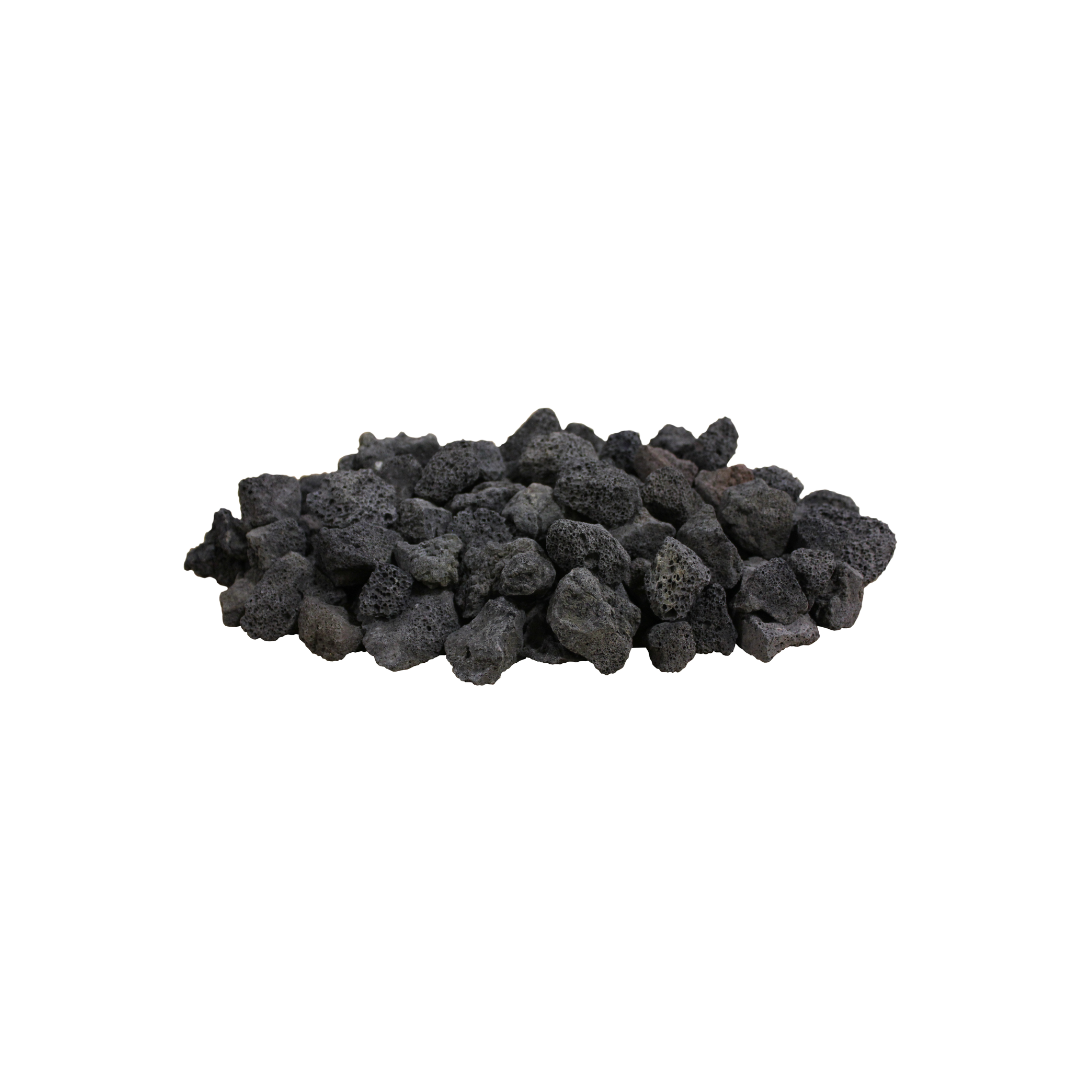 A pile of black rocks on a white background.