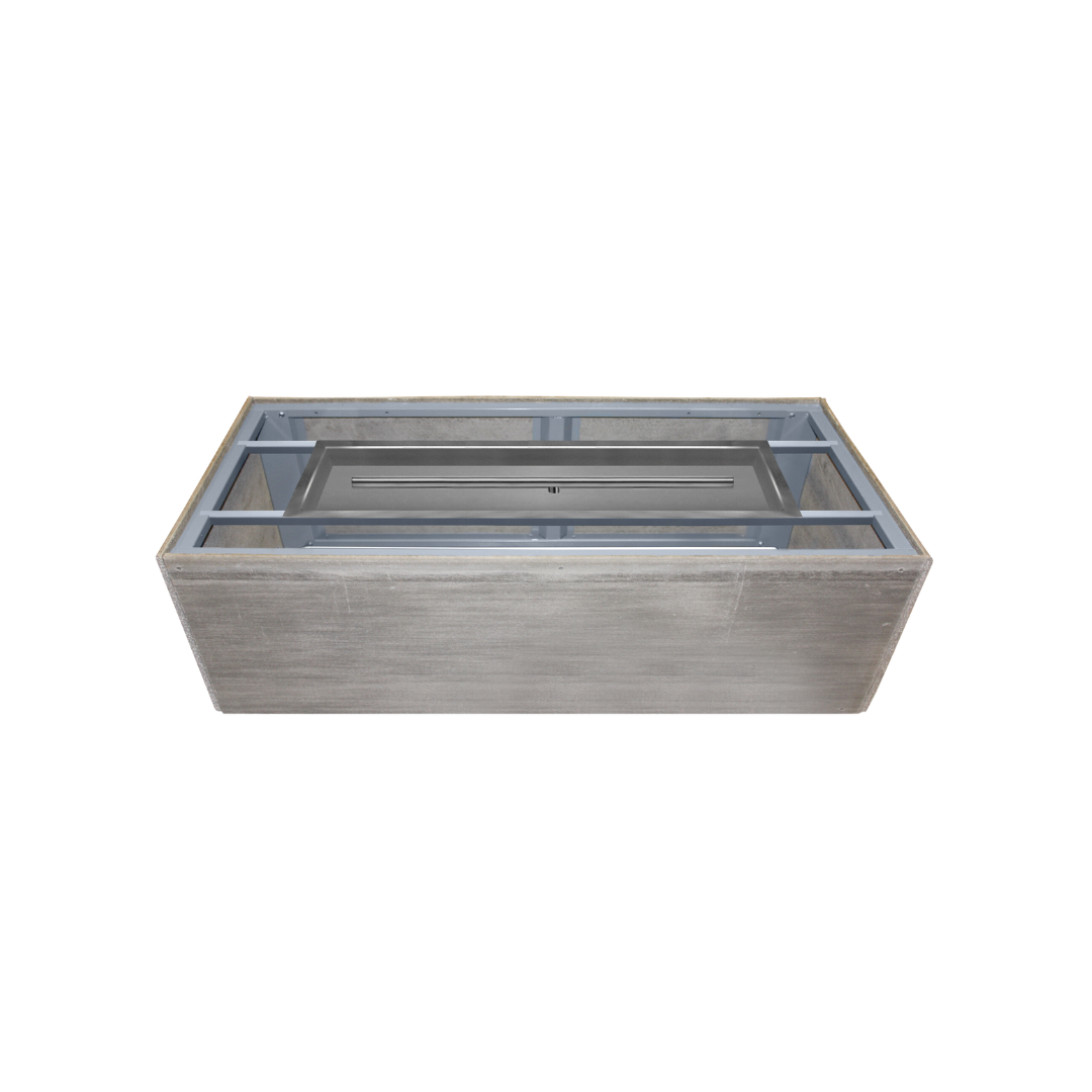 A rectangular container with a metal frame on a white background.