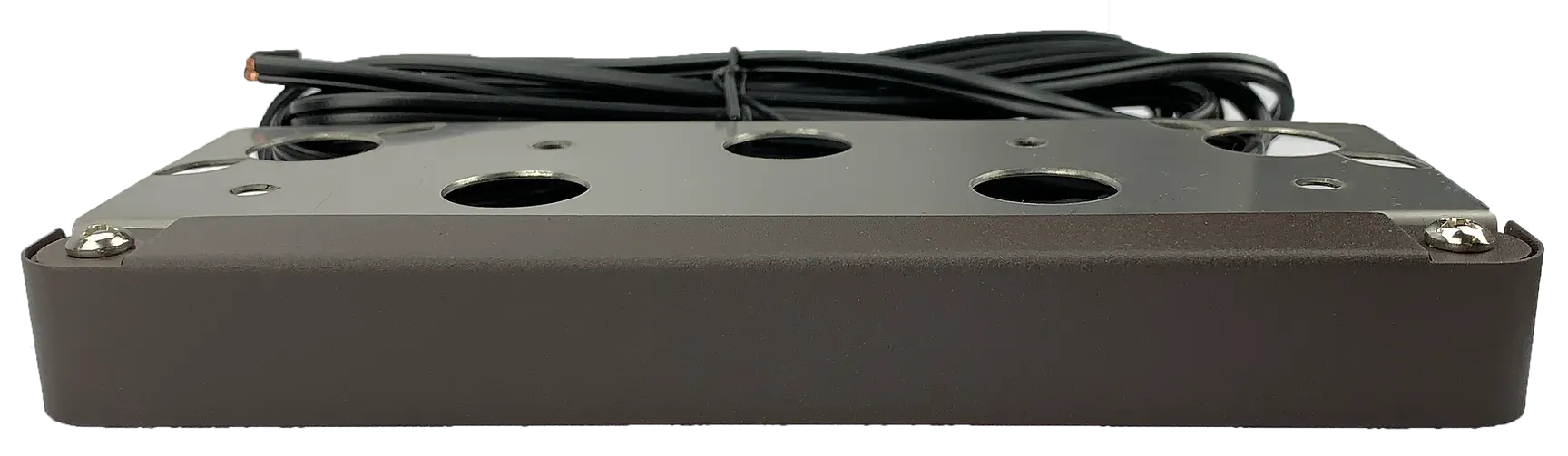 A close up of a metal box with holes in it on a white background.