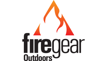 A logo for firegear outdoors with a fire coming out of it