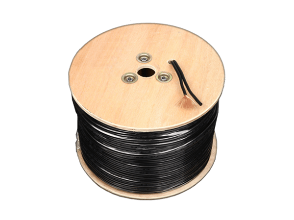 A spool of black wire on a wooden spool