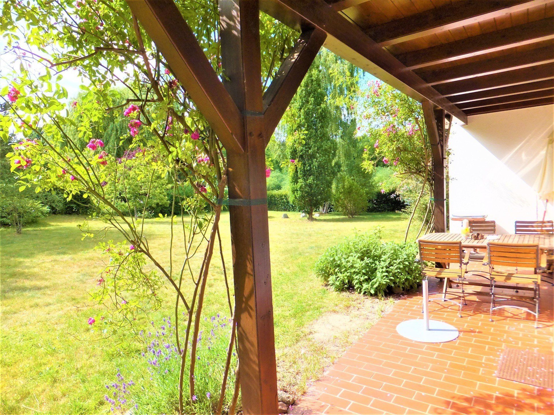 Terrasse mit Mobiliar, Liegestühlen, Sonnenschirm und Grill Ferienwohnung Binz Ruegen