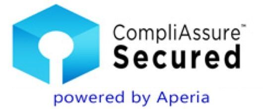 CompliAssure Secured logo with a blue cube and keyhole symbol, powered by Aperia.