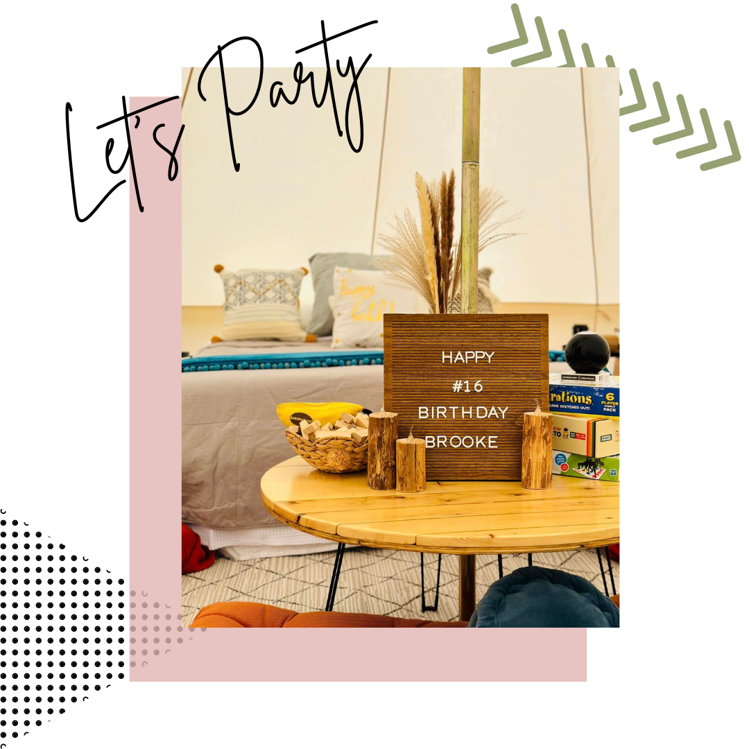 a wooden sign is sitting on top of a wooden table | party hire equipment near me