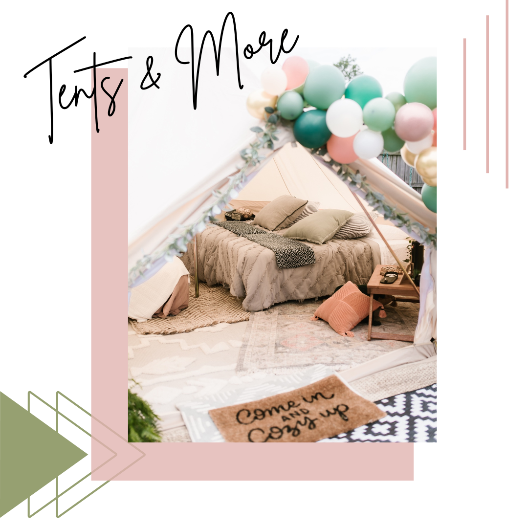 a picture of a tent with balloons and a rug that says come in and come up  | nearby tent rentals