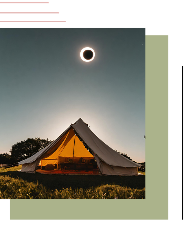 a tent is sitting in the middle of a field with a solar eclipse in the background  | glamping 