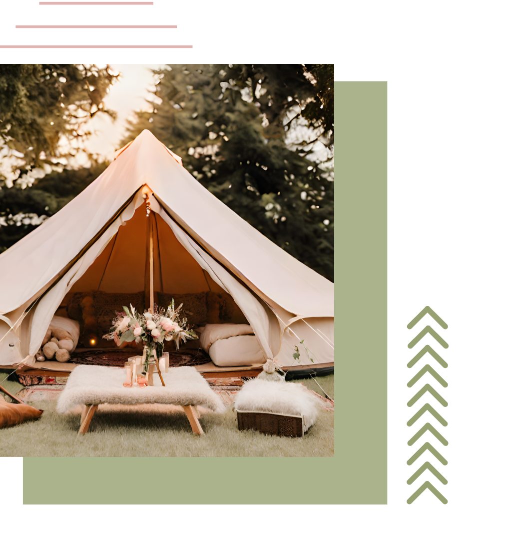 a tent with a table and pillows in front of it | bell tent party hire near me