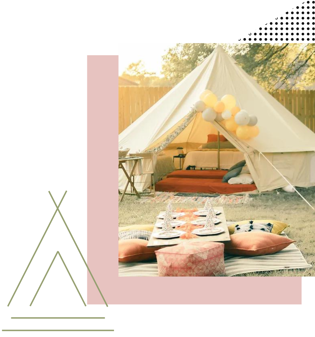 a picture of a tent with plates and balloons on it | glamping bell tents