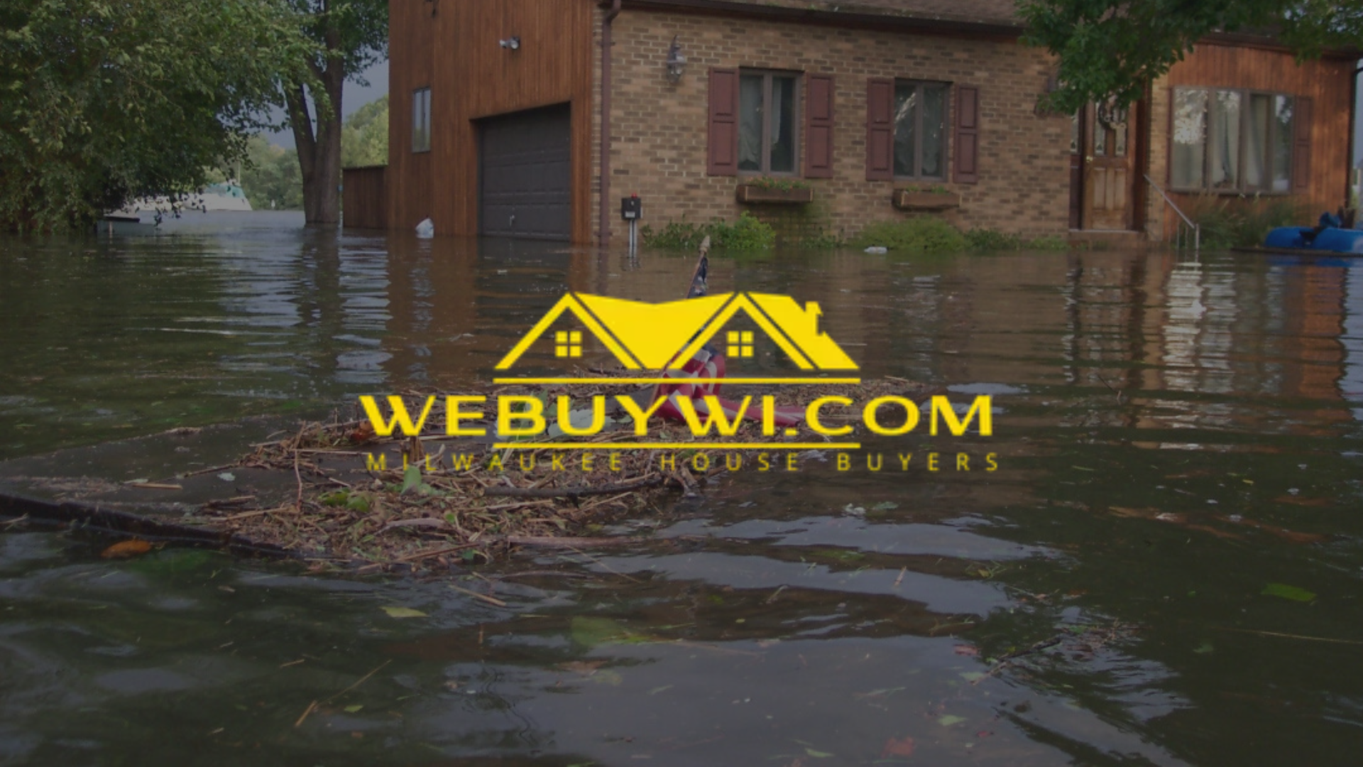 House flooded, water surrounding with debris, advertisement for 