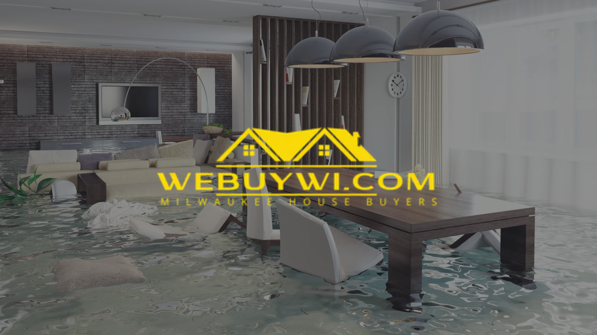A flooded living room with furniture, likely from a burst pipe;