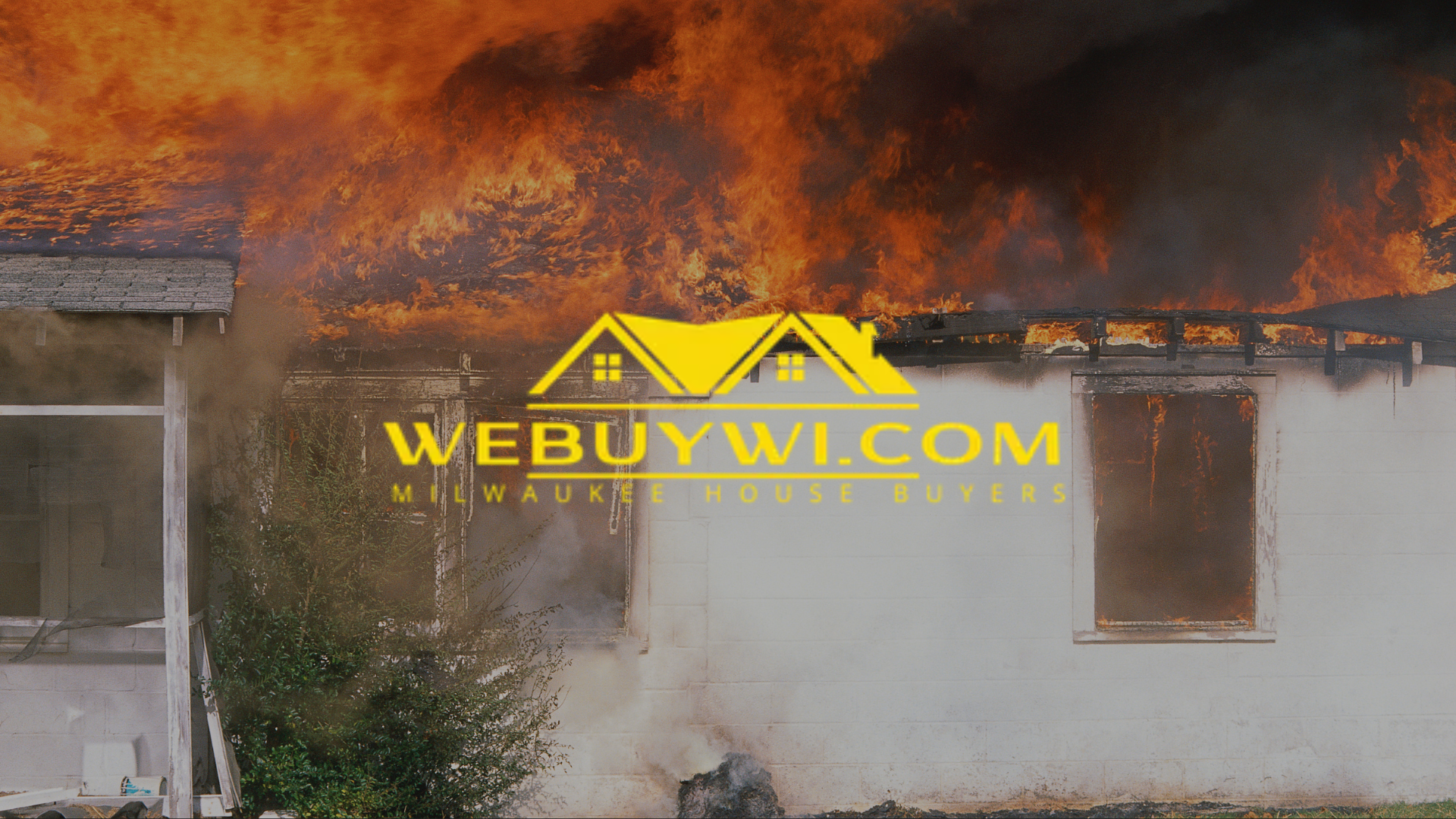 webuywi logo on top of a fire damaged house in Delafield wi