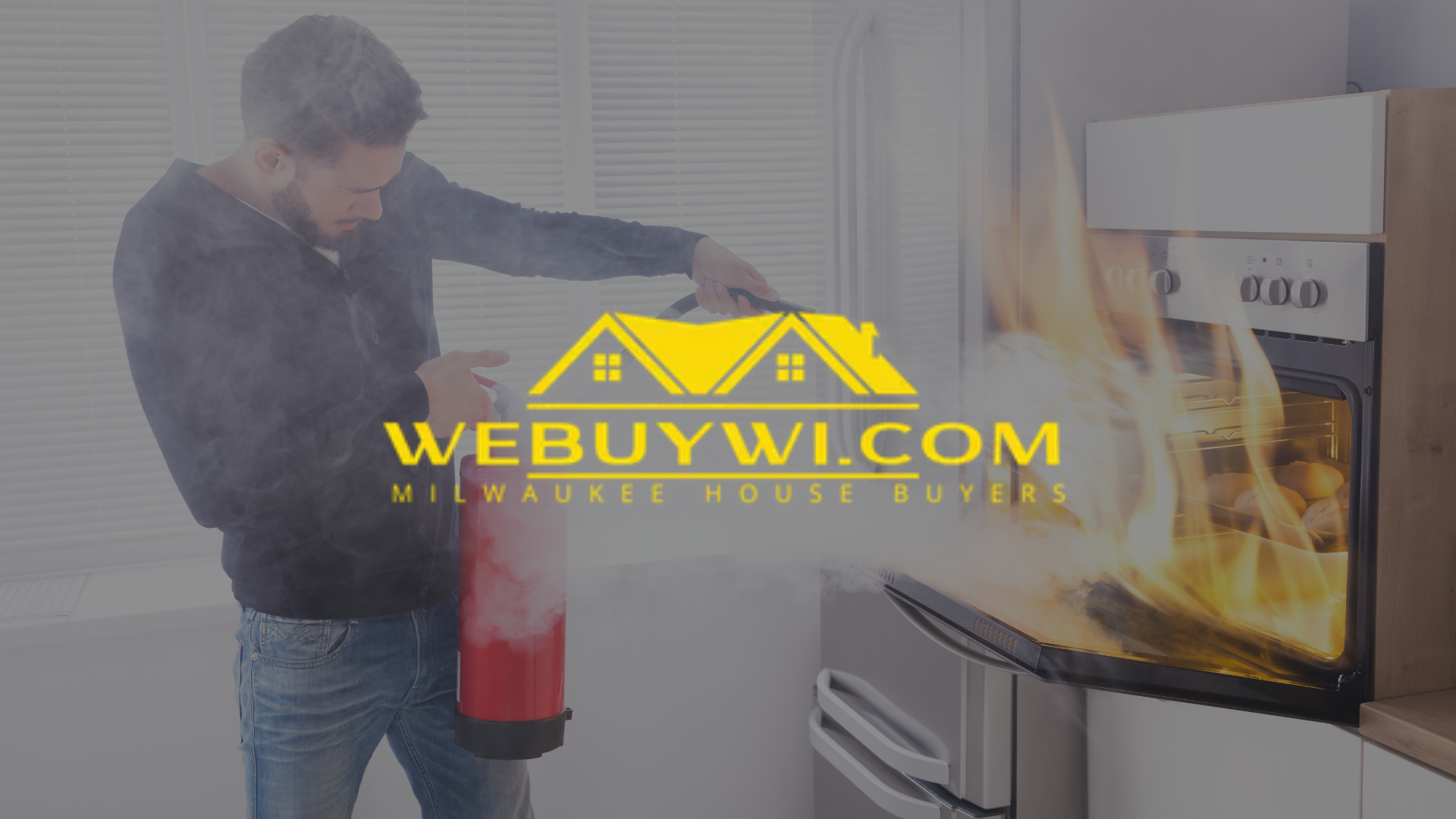 A man is using a fire extinguisher to put out a fire in an oven.