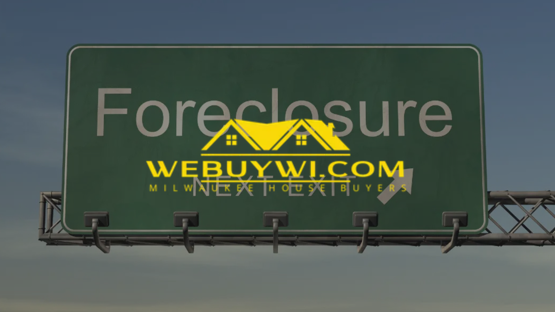 A green sign that says foreclosure on it with webuywi.com logo on top