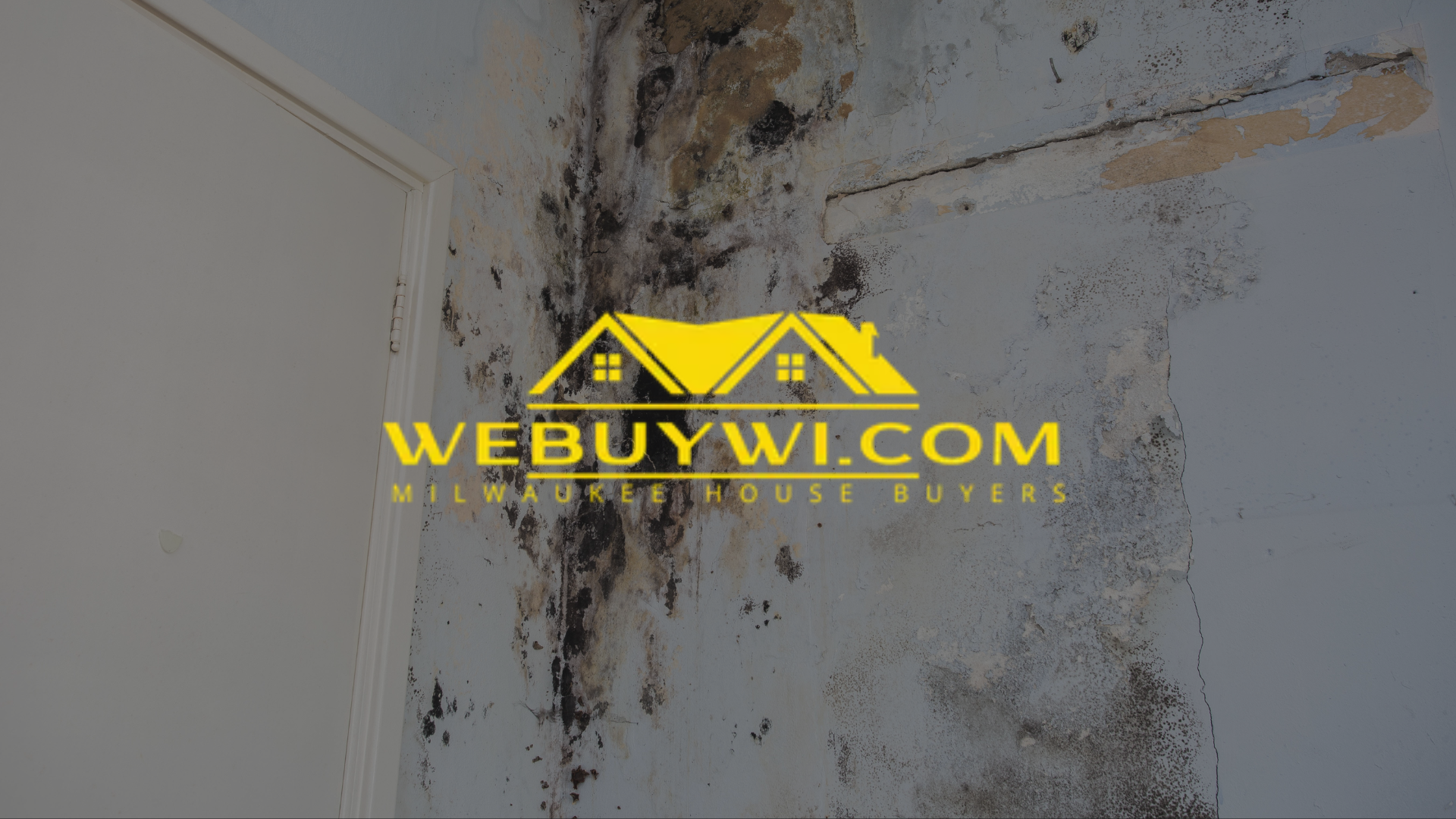 A picture of a corner of a wall with mold on it symbolizing water damage with webuywi.com logo on top