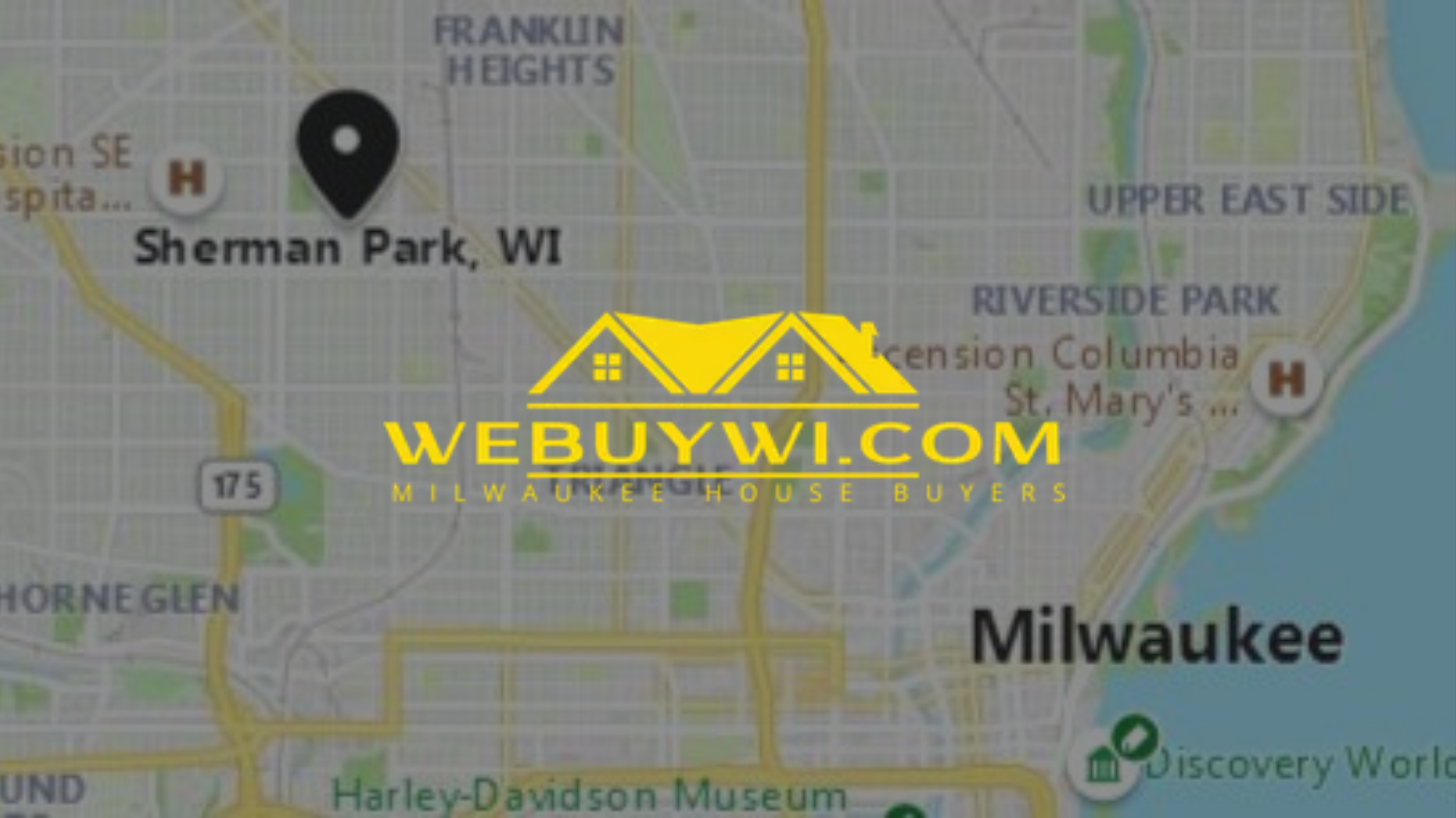 Map of Milwaukee, Wisconsin, with a marker in Sherman Park and a logo, WEBUYWI.COM.