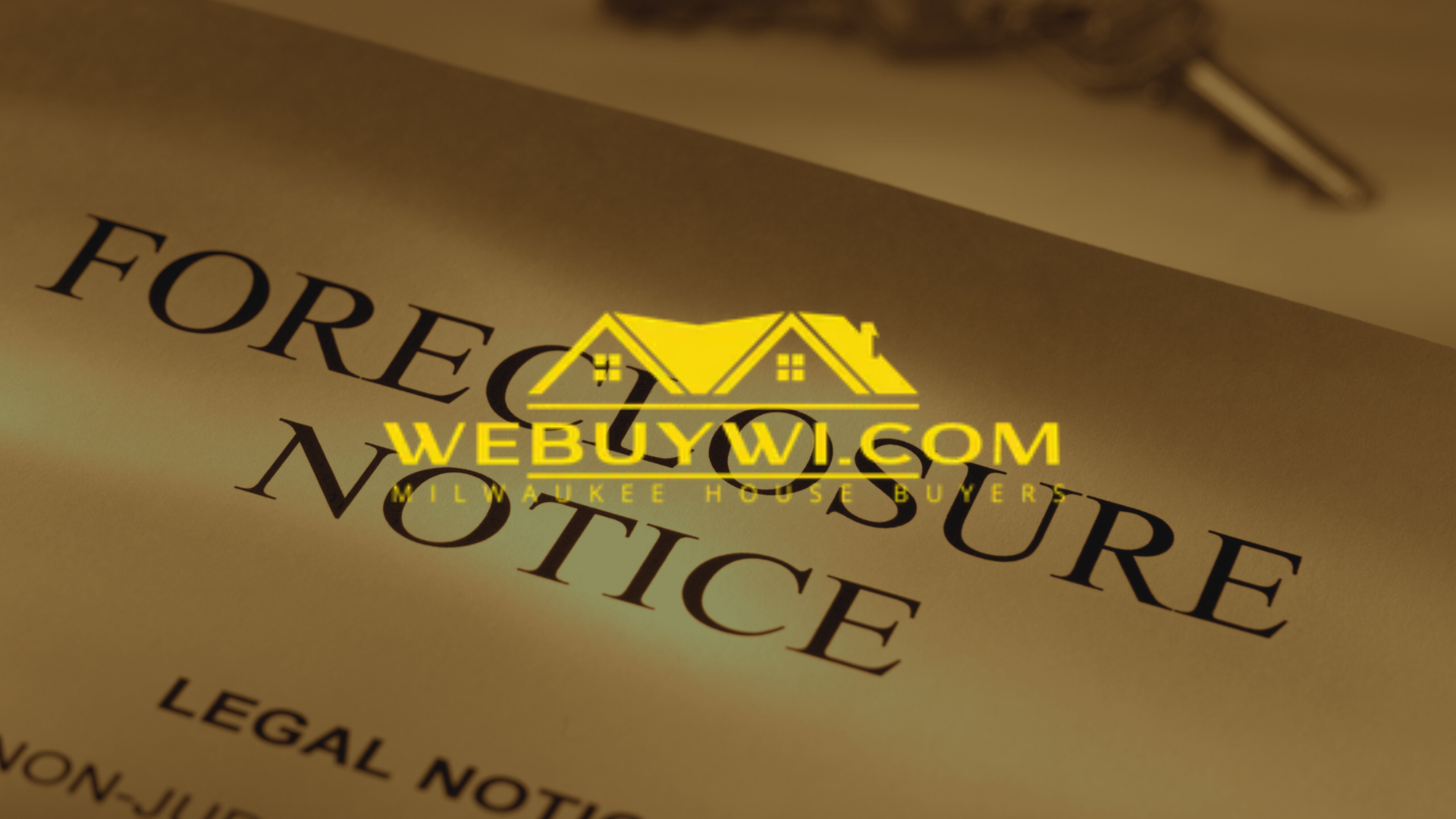 Foreclosure notice document on a desk, with a house logo and a key visible.
