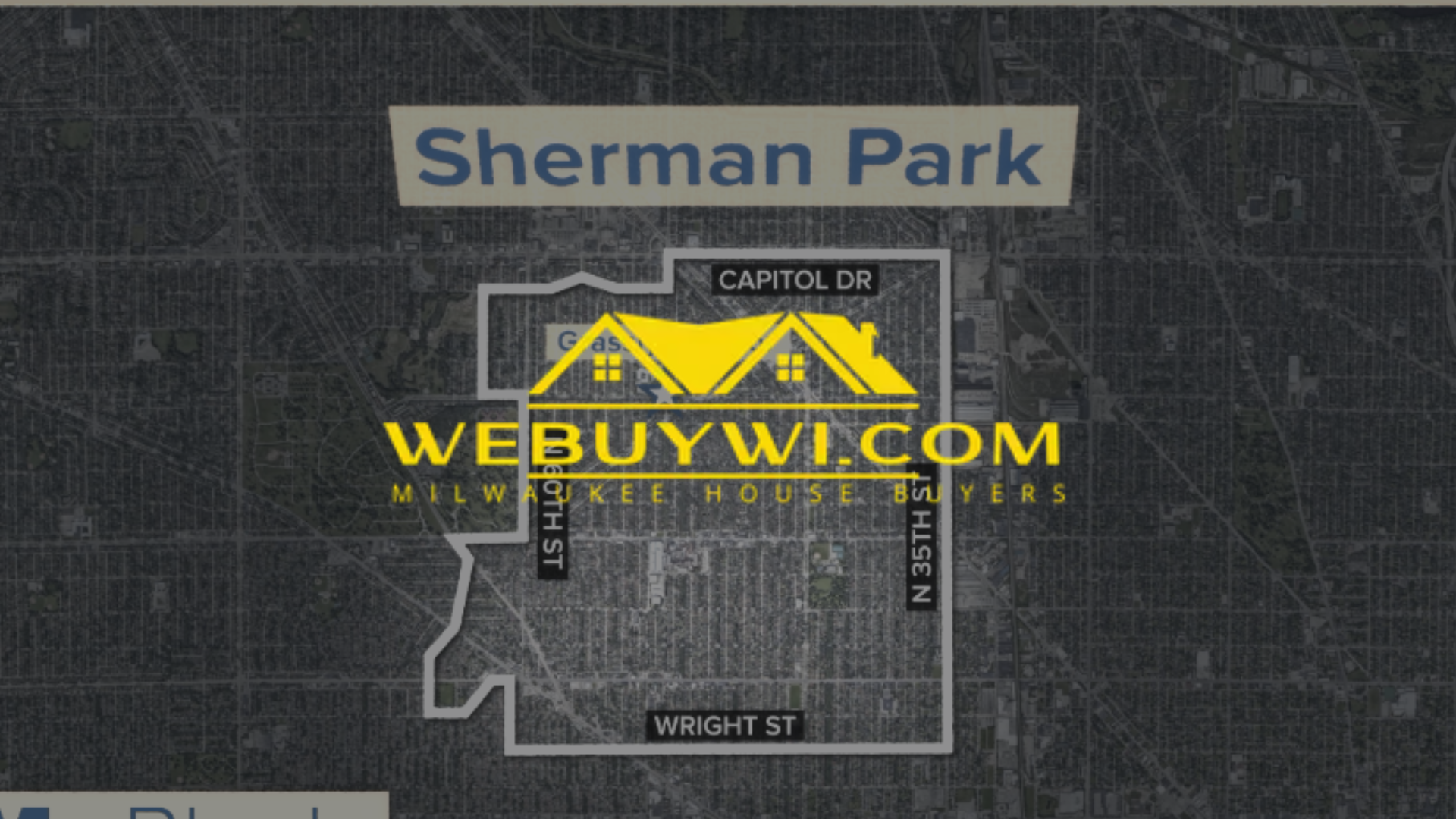 Map of Sherman Park in Milwaukee, WI, with the area's boundaries and a webuywi.com logo.