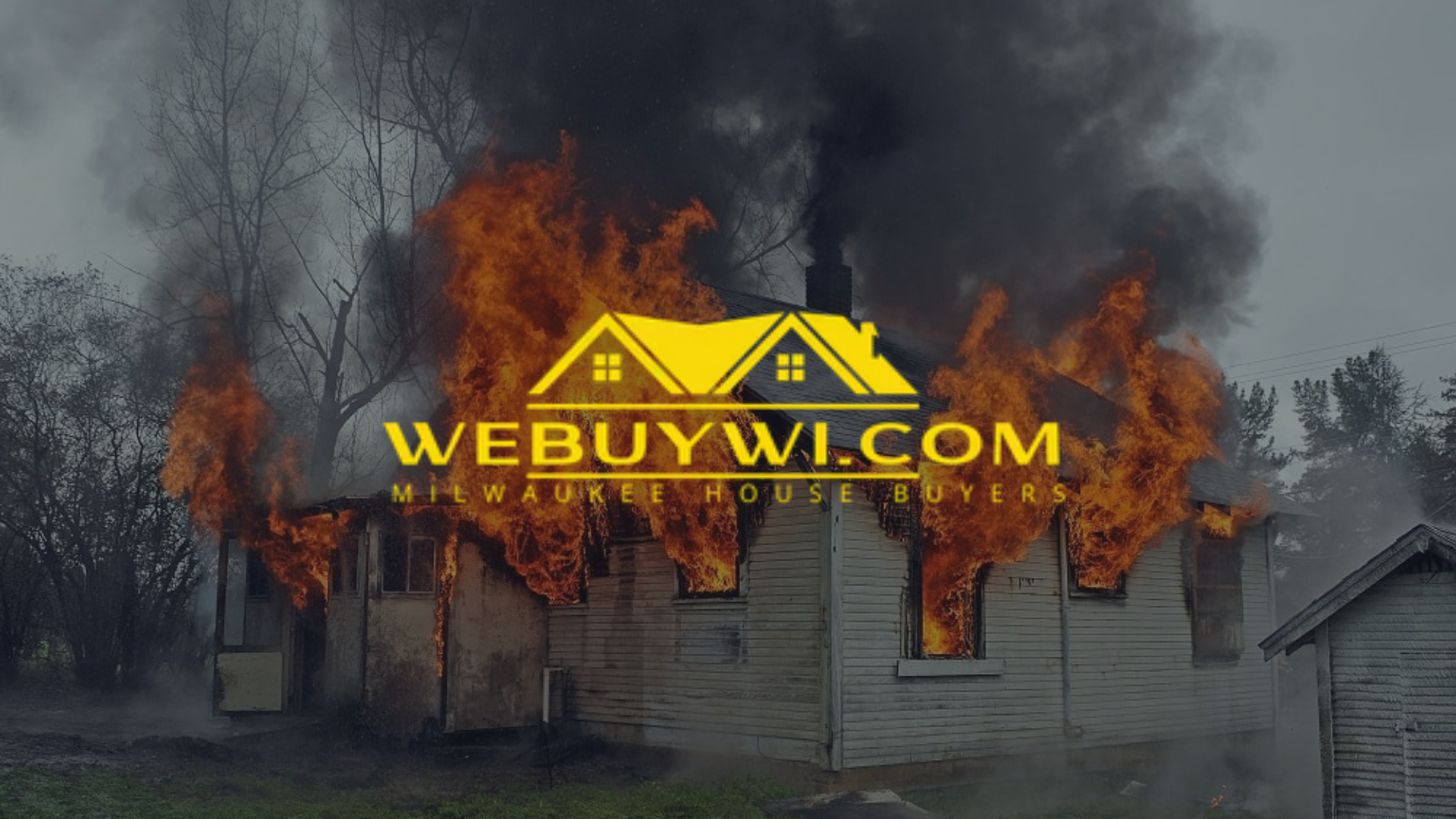 a fire damaged house in Franklin WI with webuywi.com logo on top