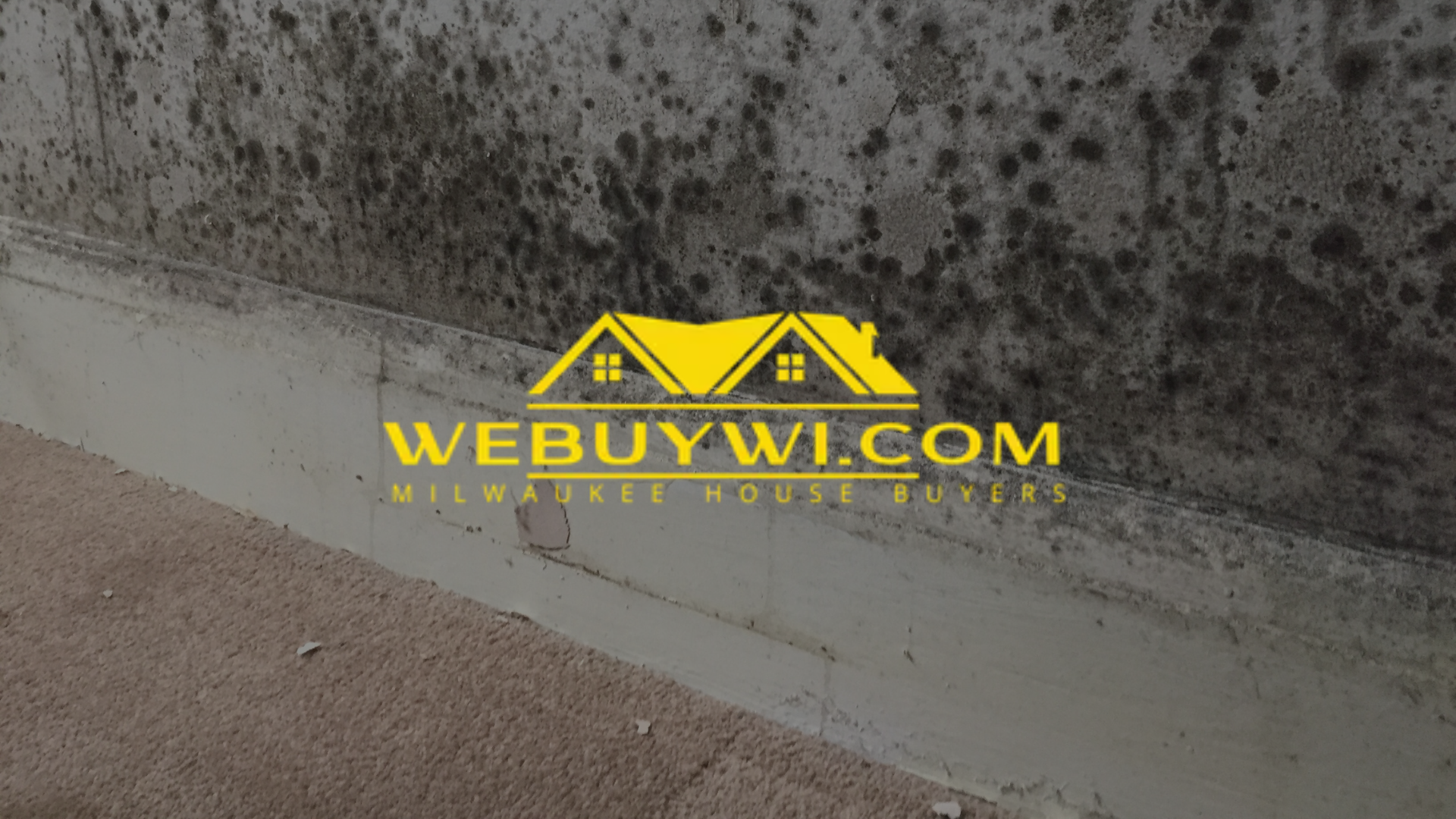 A picture of a wall with mold on it and the website webuywi.com symbolizing water damage in house