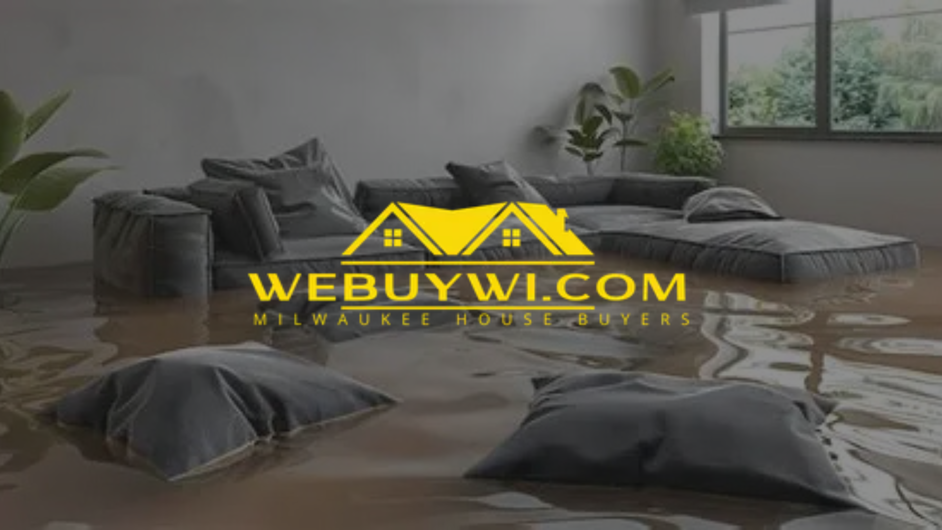 Living room flooded with water; website logo