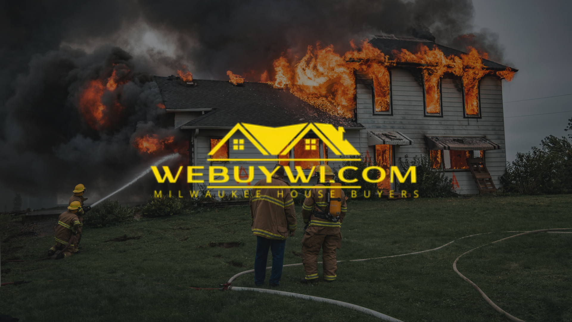 a house on fire in Franklin WI with webuywi.com logo on top