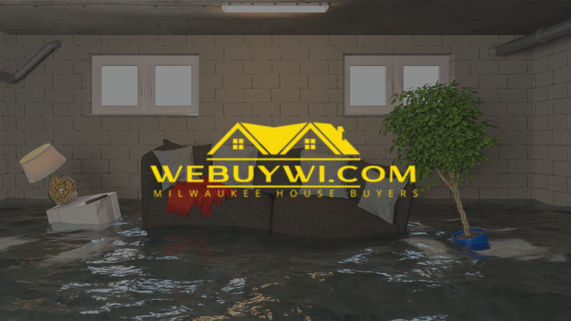 A flooded room with a couch , lamp , and tree symbolizing water damage in oak creek wi with webuywi.com logo on top