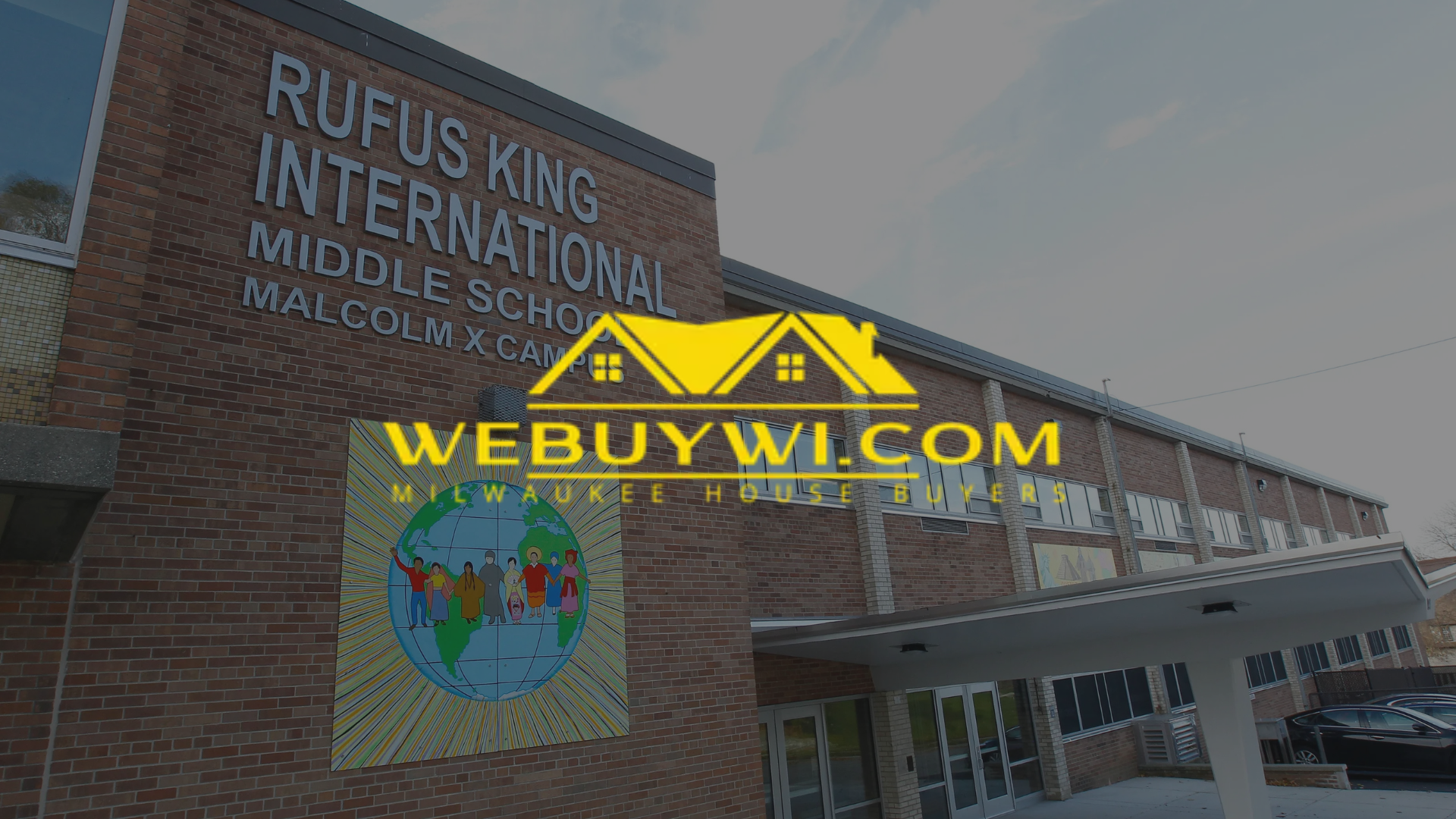 Rufus King International Middle School exterior with a mural and webuywi.com logo overlaid.