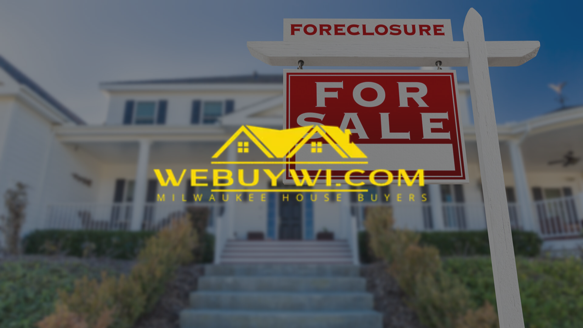 House for sale: foreclosure sign in front of a white house, with a