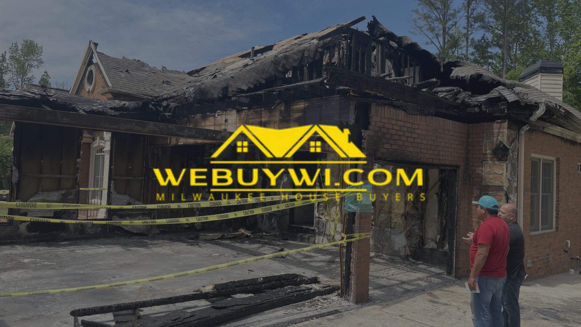 a house damaged by a fire in Franklin WI with webuywi.com logo on top