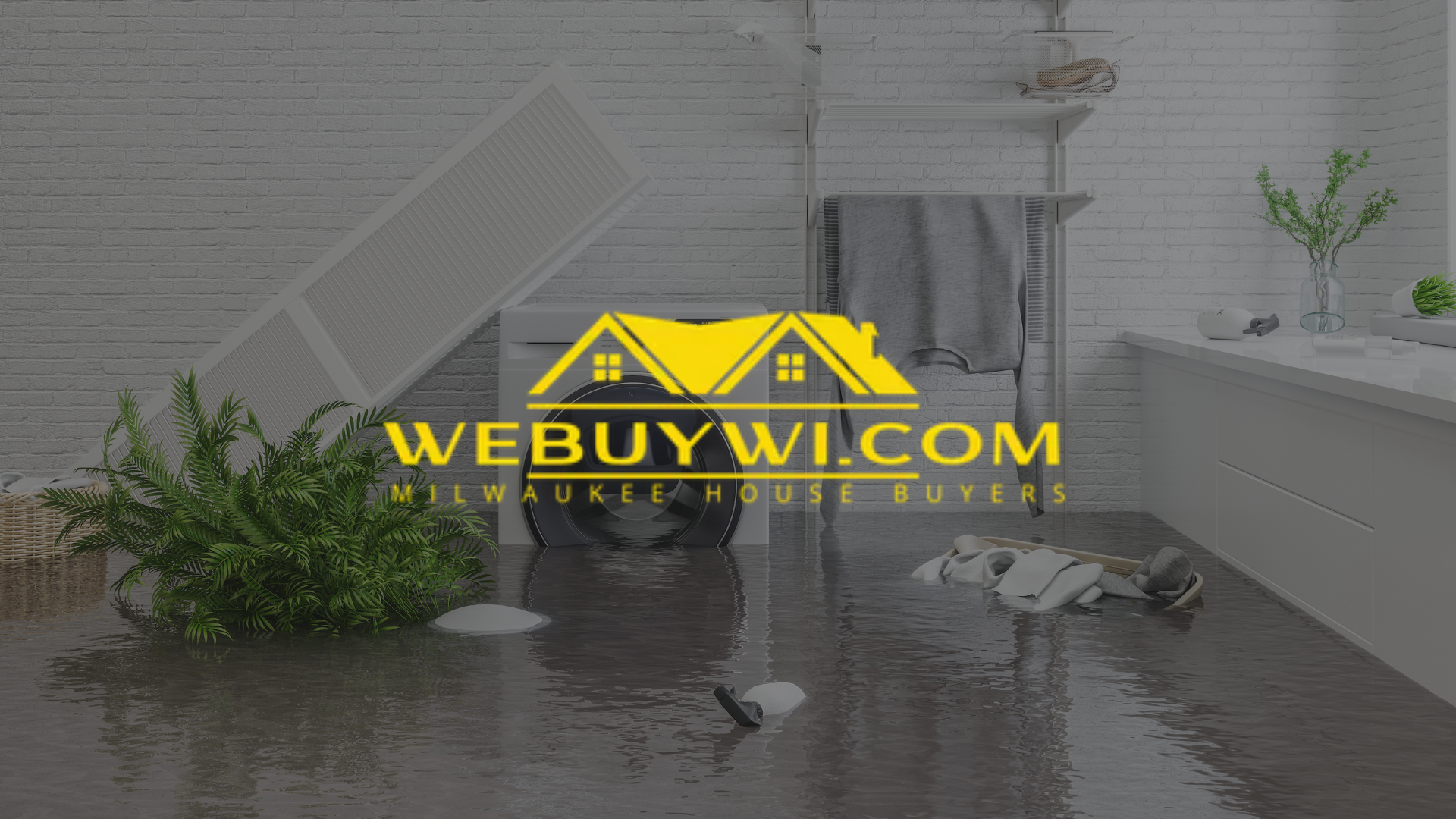 A bathroom with a flooded floor and a bathtub symbolizing water damage in oak creek wi with webuywi.com logo on top