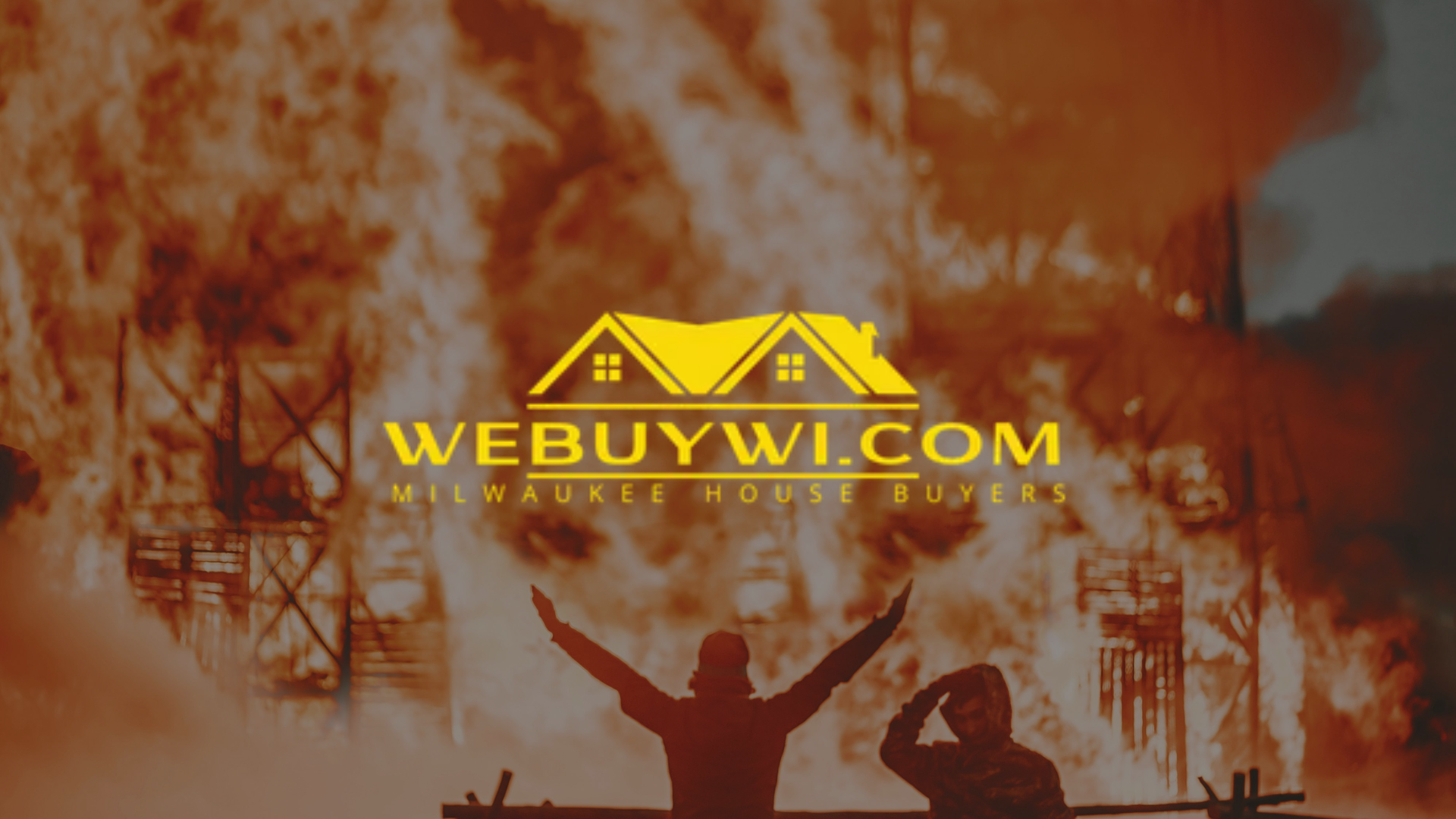Logo for WeBuyWI.com with burning building and two silhouettes with arms raised.