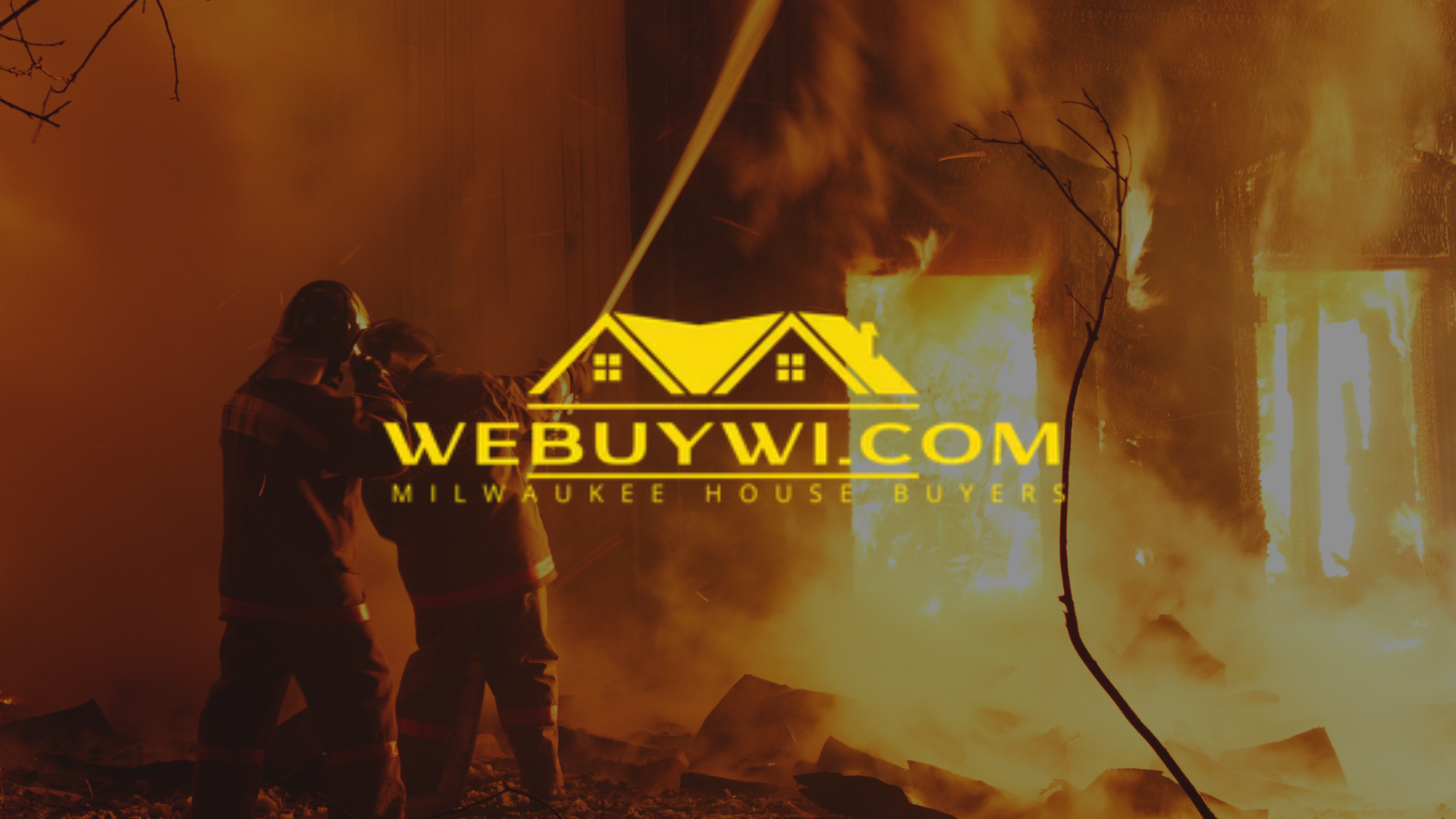 Firefighters battling a house fire, flames visible. WeBuyWI.com logo superimposed.