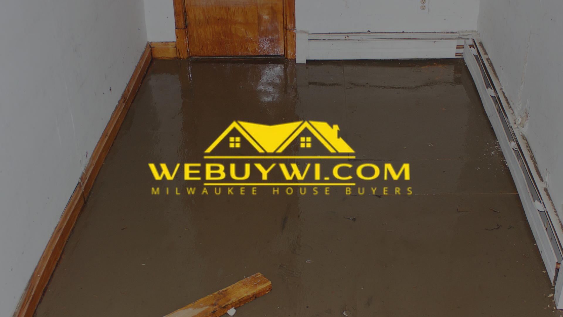 Flooded room with dark water and the logo