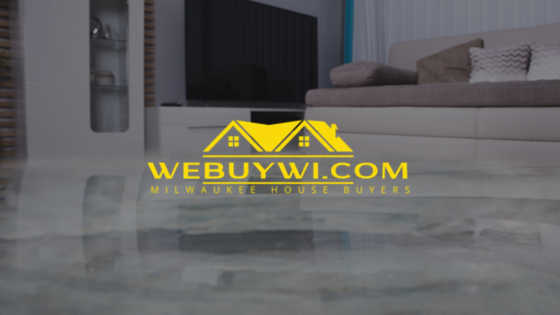 Logo for WeBuyWI.com overlaid on a modern living room with shiny flooring and a TV.