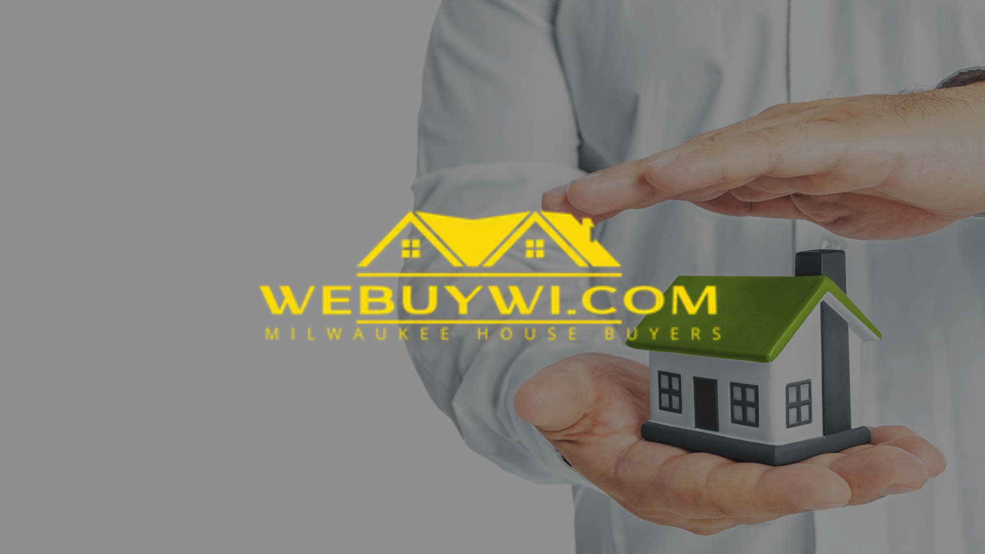 Hands protect a small house model; WeBuyWI logo overlay.
